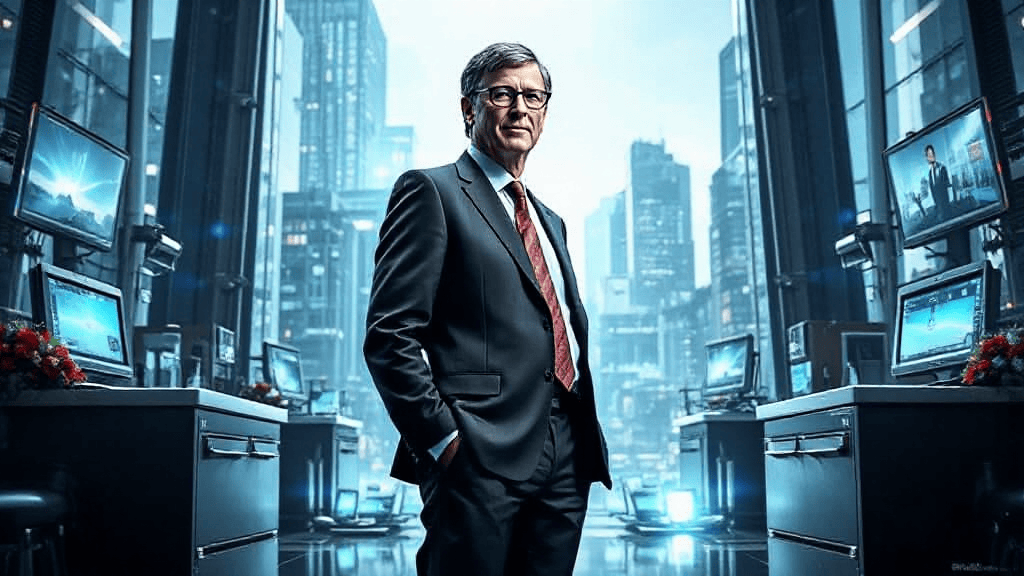 A man in a suit stands confidently in a futuristic office with tall windows and multiple computer screens.