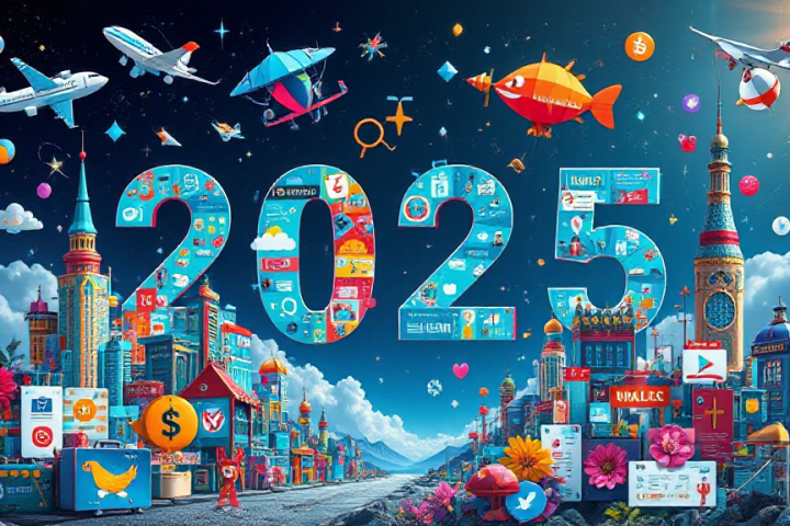 A vibrant illustration of "2025" with buildings, planes, symbols, and colorful elements, set in a whimsical cityscape under a starry sky.