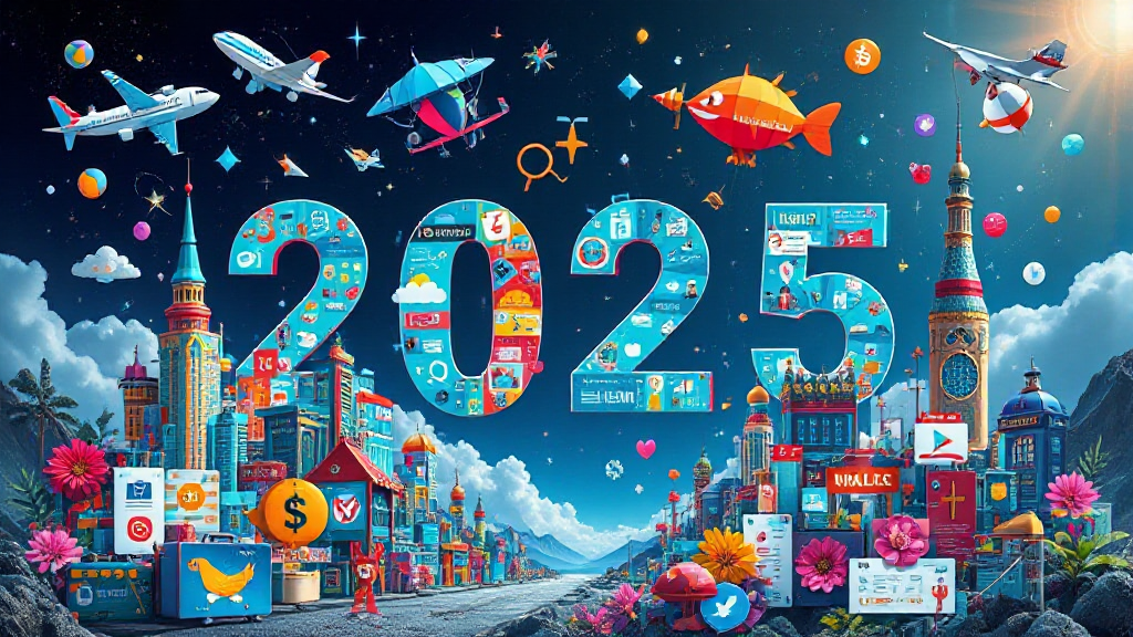 A vibrant illustration of "2025" with buildings, planes, symbols, and colorful elements, set in a whimsical cityscape under a starry sky.