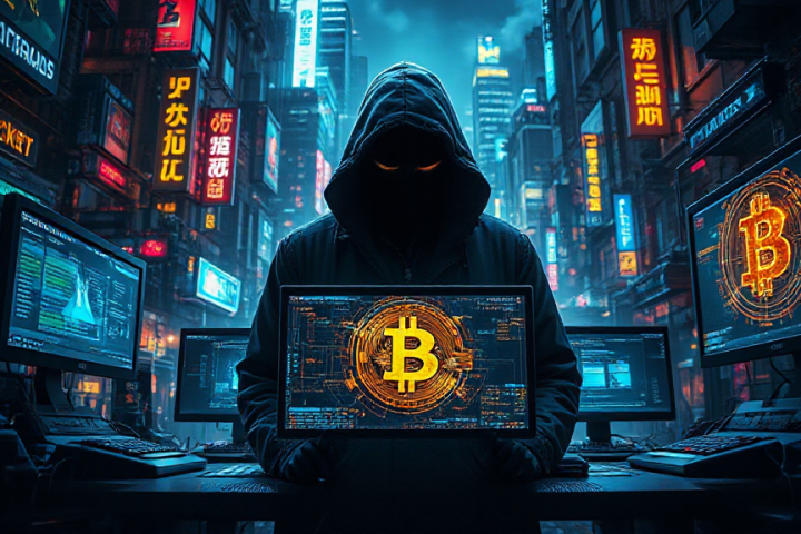 A hooded figure stands in a dimly lit room holding a laptop with a glowing Bitcoin symbol. The background displays various neon lights and computer screens.