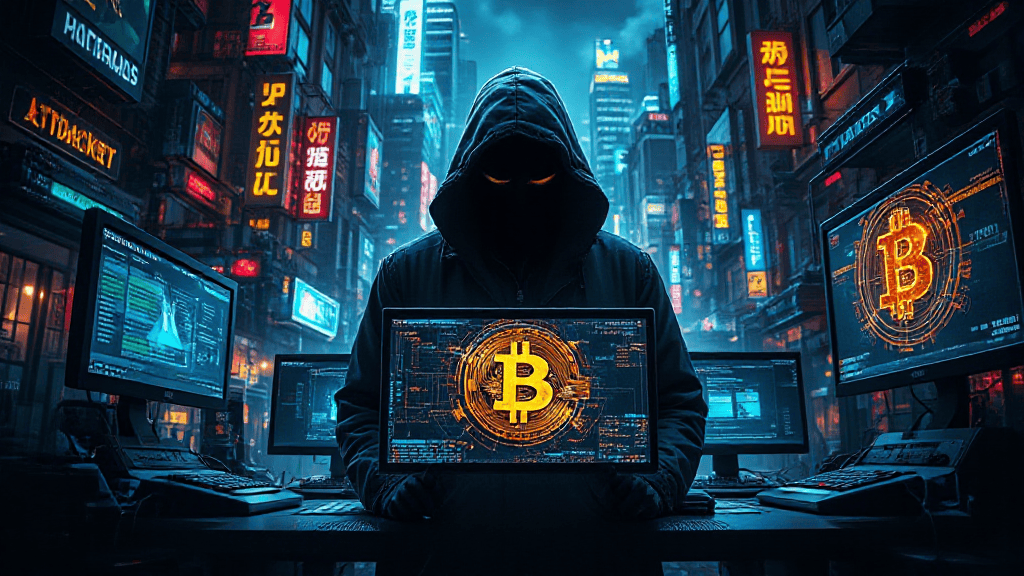 A hooded figure stands in a dimly lit room holding a laptop with a glowing Bitcoin symbol. The background displays various neon lights and computer screens.