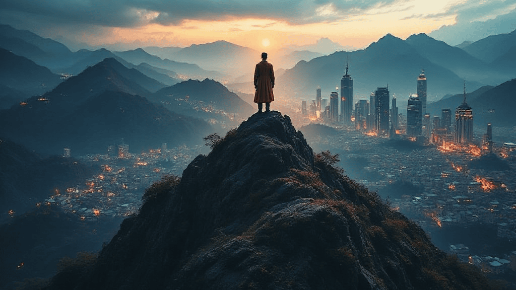 Person in a coat stands on a mountain peak, overlooking a sprawling city at sunset, with skyscrapers and misty mountains in the background.
