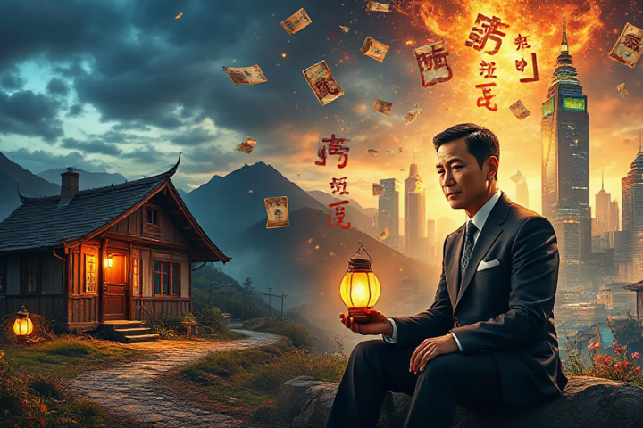 A man in a suit holds a glowing lantern, sitting between a rustic house in mountains and a city skyline. Floating cards and symbols separate the two contrasting scenes.