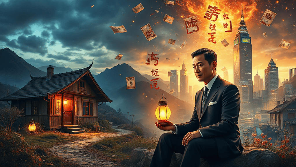A man in a suit holds a glowing lantern, sitting between a rustic house in mountains and a city skyline. Floating cards and symbols separate the two contrasting scenes.