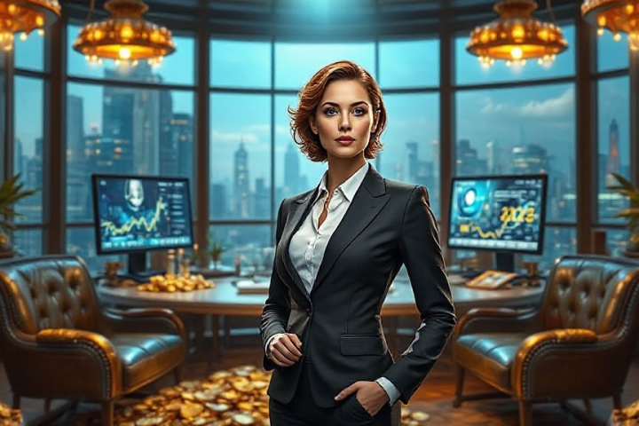 A confident woman in a business suit stands in a luxurious office with leather chairs, monitors displaying graphs, and piles of gold coins scattered around.