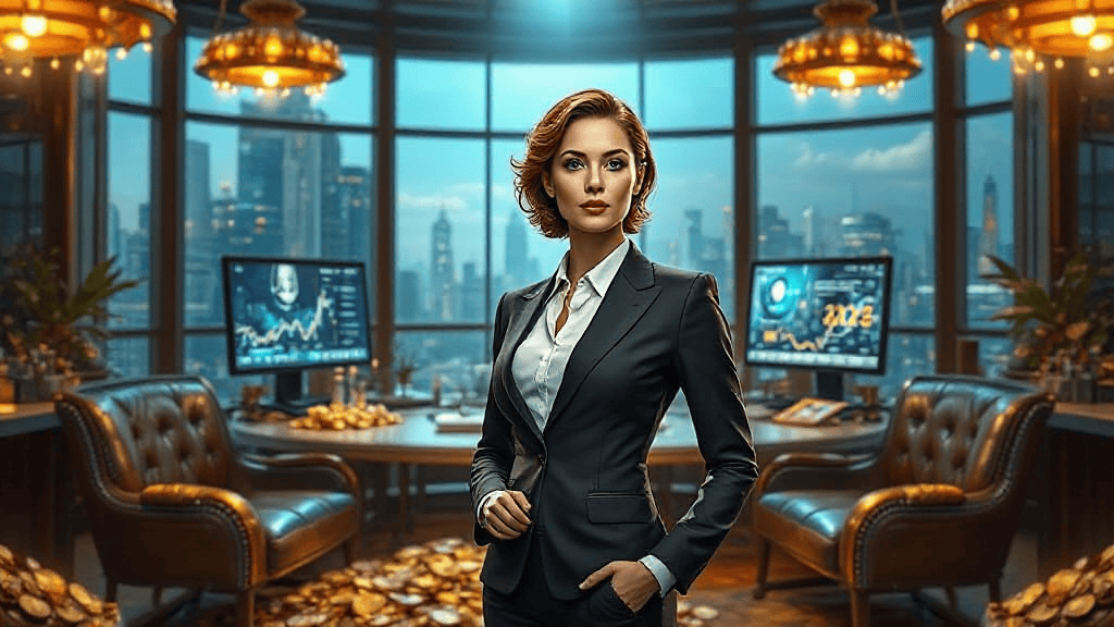 A confident woman in a business suit stands in a luxurious office with leather chairs, monitors displaying graphs, and piles of gold coins scattered around.