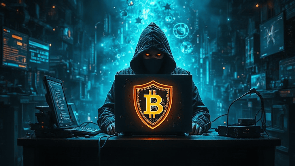Person in dark hoodie at a computer with a large Bitcoin symbol on the screen surrounded by digital screens and circuitry in a dimly lit, blue-tinged environment.