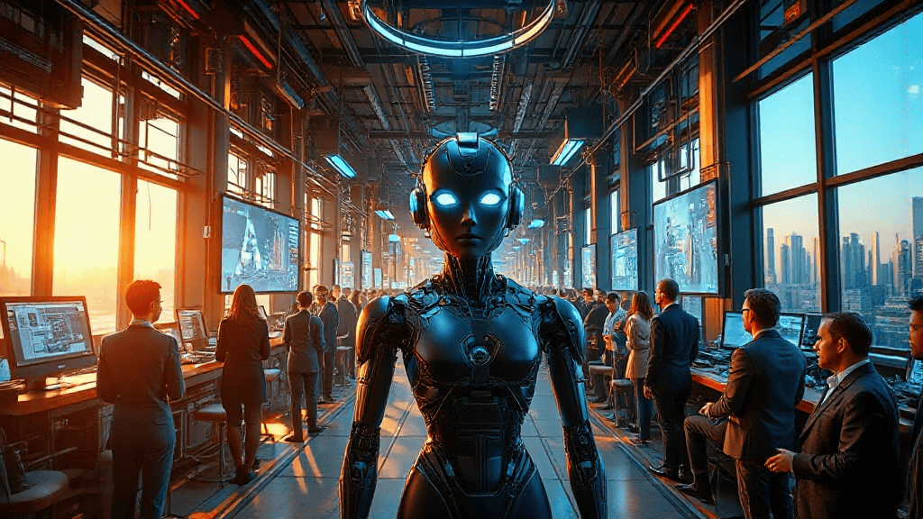 A humanoid robot with glowing blue eyes stands in a high-tech, bustling control center with large windows and screens, surrounded by people working at computer stations.