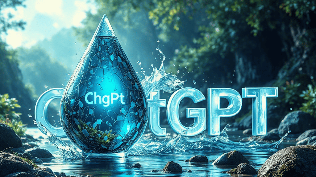 A large, water-like droplet with the text "ChgPt" stands in a flowing stream, surrounded by rocks and lush greenery. The letters "GPT" appear in the water behind the droplet.