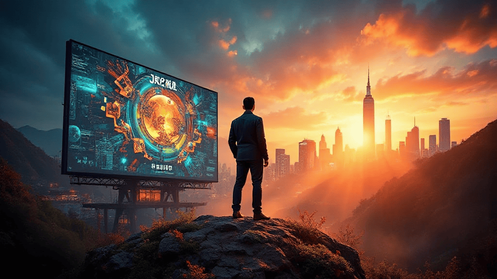 A person stands on a rock overlooking a city skyline at sunset, facing a large digital billboard displaying a sci-fi scene.