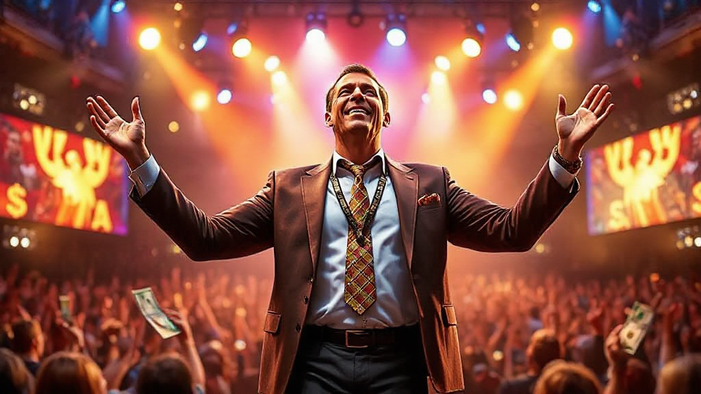 A confident man in a suit stands with arms outstretched on a stage, facing an enthusiastic crowd, under bright lights.