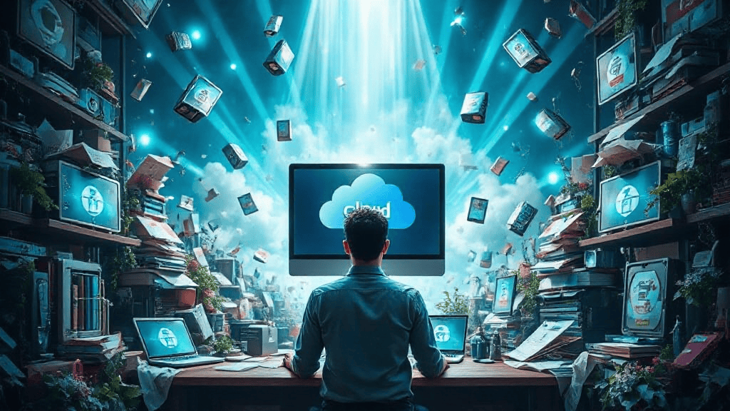 A person sits at a desk with a computer displaying a cloud icon. Papers and vintage monitors surround in a chaotic room, while beams of light shine down from above.
