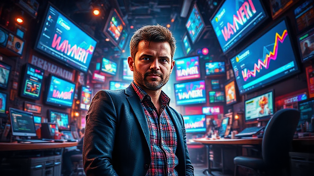 A man in a plaid shirt and blazer stands in a room full of screens displaying financial data and graphs.