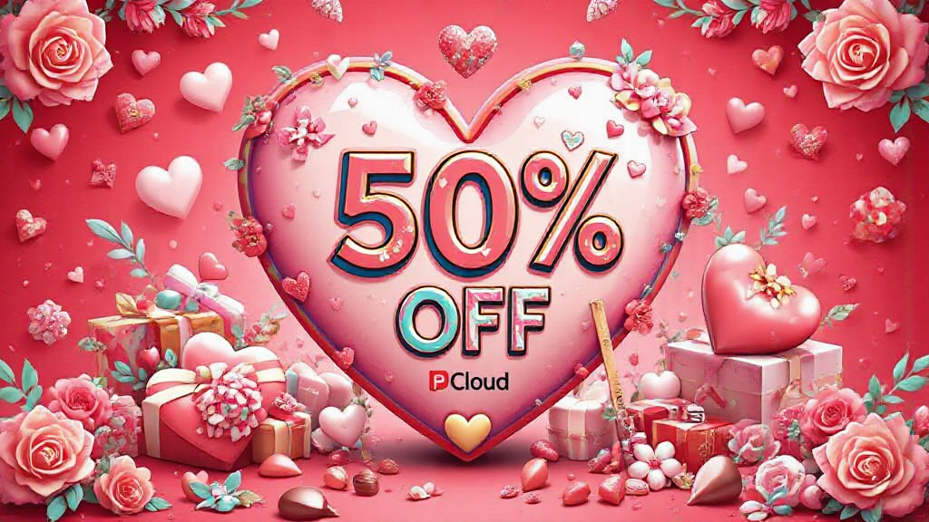 Pink background with a large heart displaying "50% OFF" surrounded by roses, hearts, gifts, and candy.