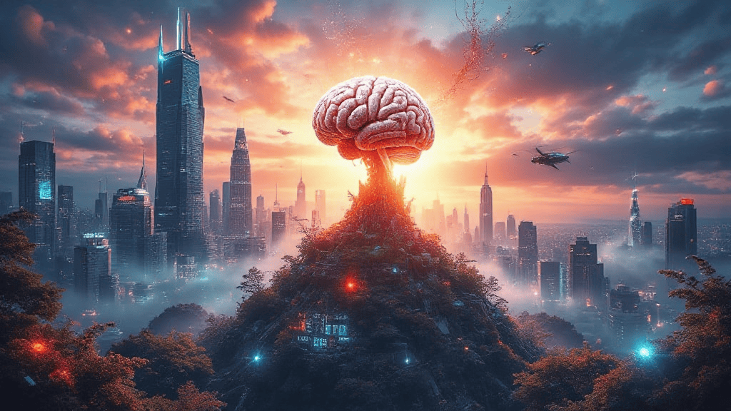 A giant brain sits atop a mountain in a futuristic cityscape at sunset, with skyscrapers, flying vehicles, and a dramatic sky.