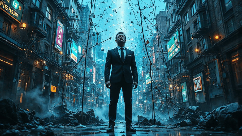 Man in a suit stands confidently in a futuristic city street, surrounded by neon lights and towering buildings under a dynamic sky.