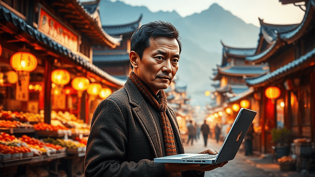 A man stands in a lantern-lit street with traditional architecture, holding an open laptop. Mountains are visible in the background.
