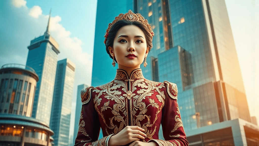 A woman in an ornate red and gold dress stands confidently before modern skyscrapers, wearing a decorative tiara and earrings. The sky is clear, casting a bright light on the scene.