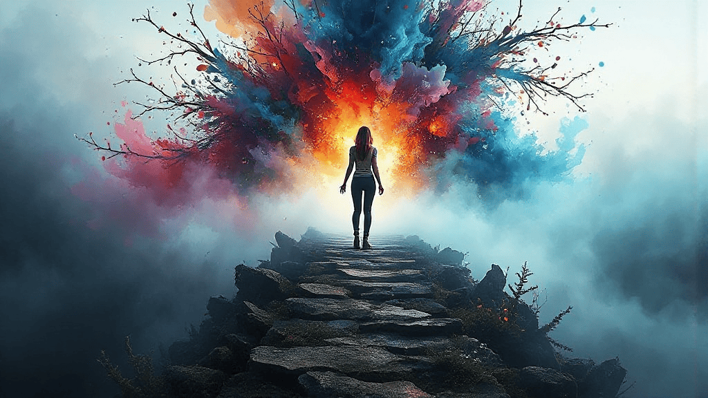 A person walks on a stone path towards a vibrant explosion of colorful smoke in a misty environment.