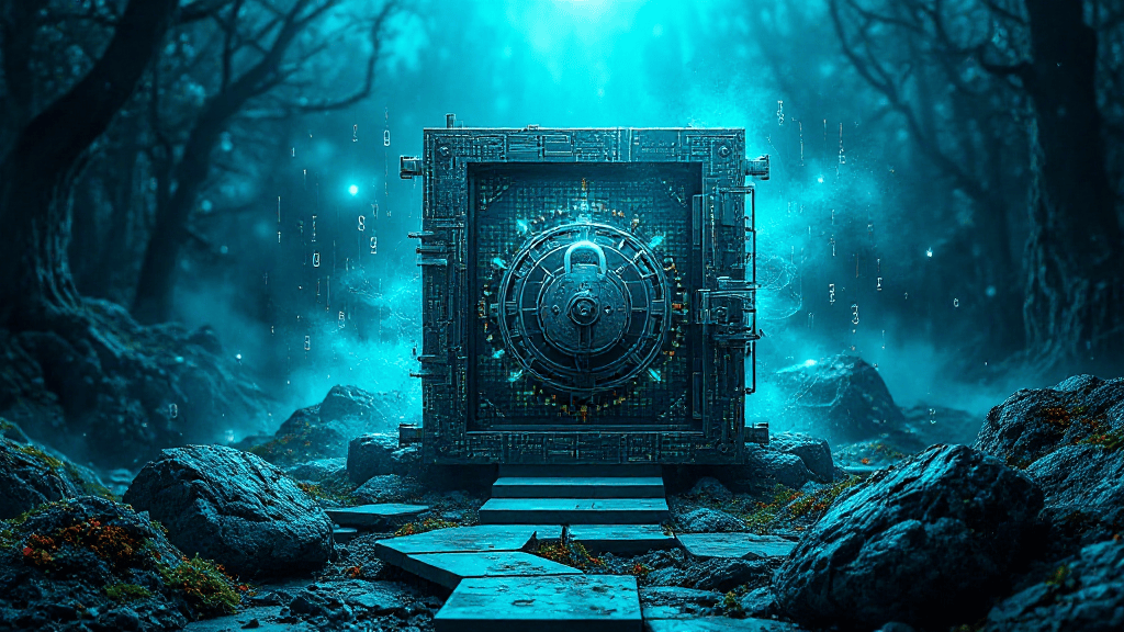 A glowing, futuristic vault door stands in a foggy, mystical forest surrounded by trees and rocks, with digital symbols floating in the air.