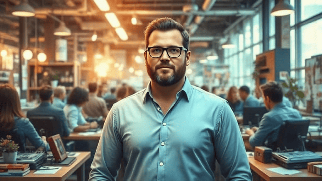 Man with glasses in a bright, busy office setting, wearing a blue shirt. People are working in the background.