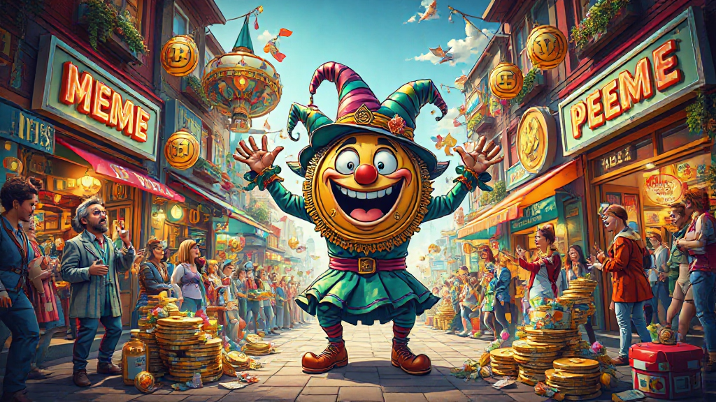 A cheerful jester coin stands in a bustling street surrounded by people, gold coins, and signs with the words "MEME" and "PEEME". Balloons in the form of coins float above.