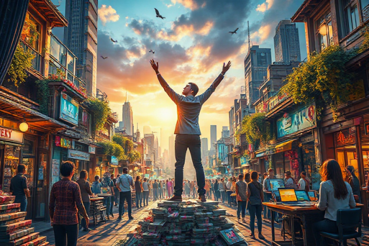 A man stands on a pile of books with arms raised, in a busy street lined with shops and greenery. People around are engaged in various activities as birds fly overhead during a vibrant sunset.