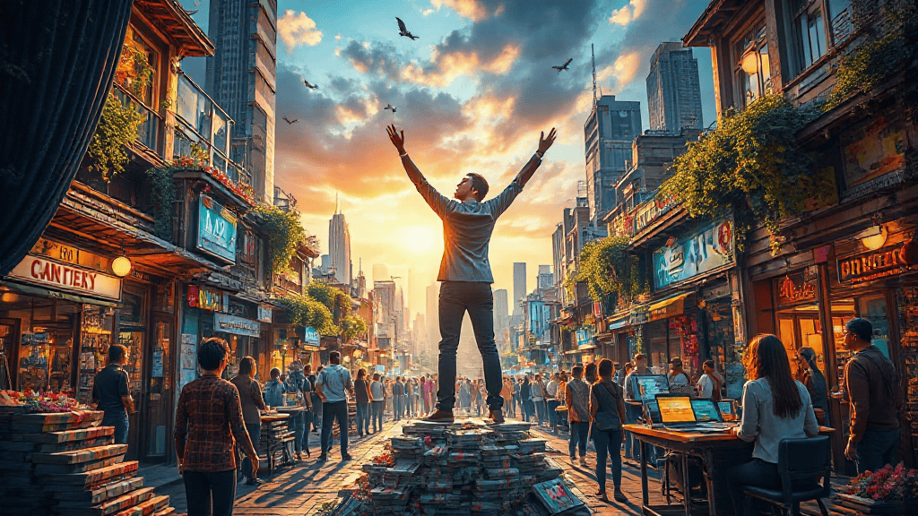 A man stands on a pile of books with arms raised, in a busy street lined with shops and greenery. People around are engaged in various activities as birds fly overhead during a vibrant sunset.