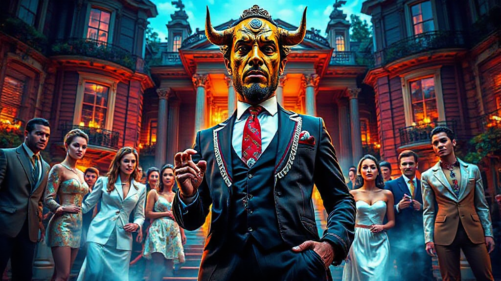 A man in a bull mask stands confidently in front of a mansion. A group of people in formal attire stands behind him, with dramatic lighting and smoke effects enhancing the scene.