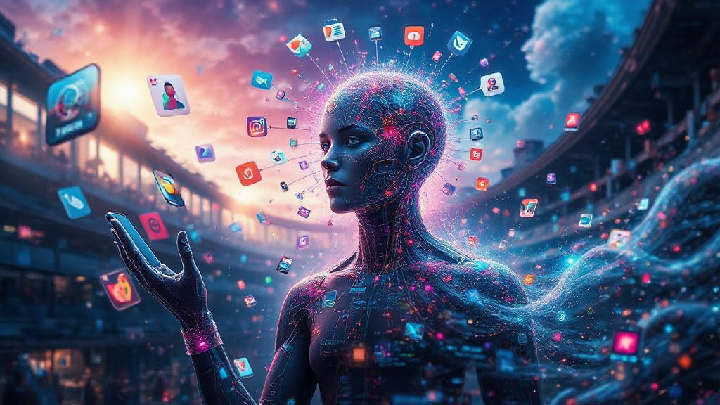 A digital figure with circuit-like patterns interacts with floating app icons in a futuristic cityscape.