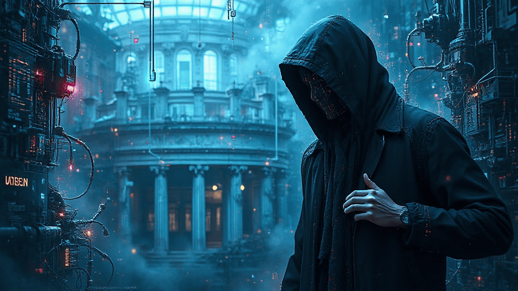 A hooded figure stands in a futuristic cityscape with glowing wires, in front of a grand building with columns.