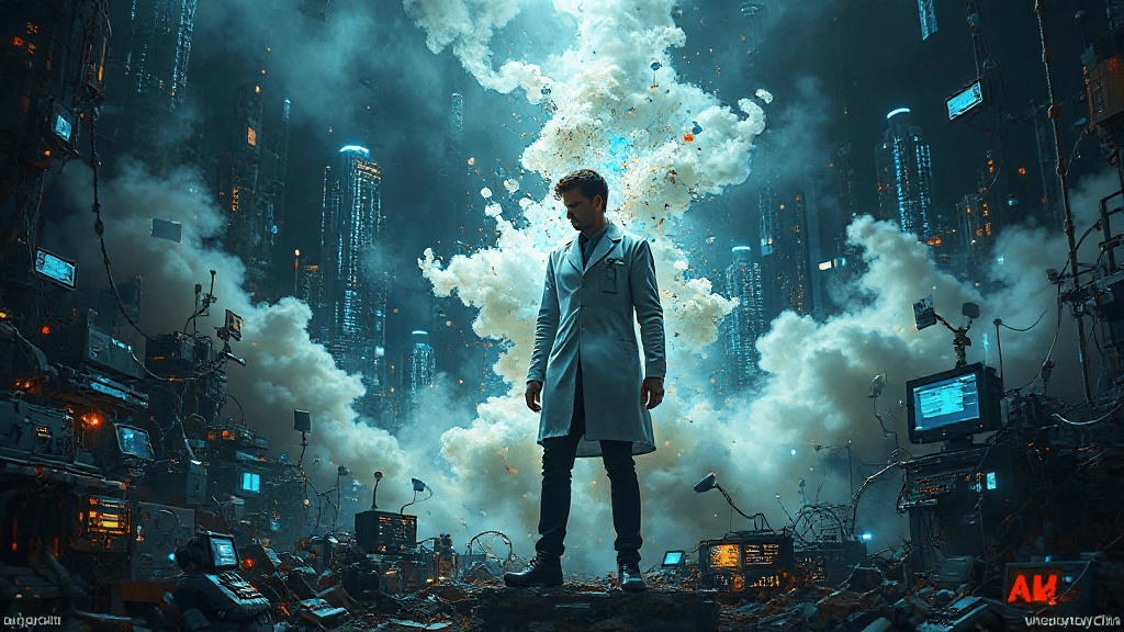 A man in a lab coat stands amidst electronic debris in a futuristic cityscape, with clouds and explosions in the background.