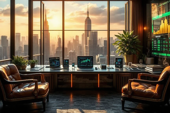 Luxurious office with a panoramic city view, featuring leather chairs, multiple screens displaying financial data, and plants. Sunlight streams through floor-to-ceiling windows.