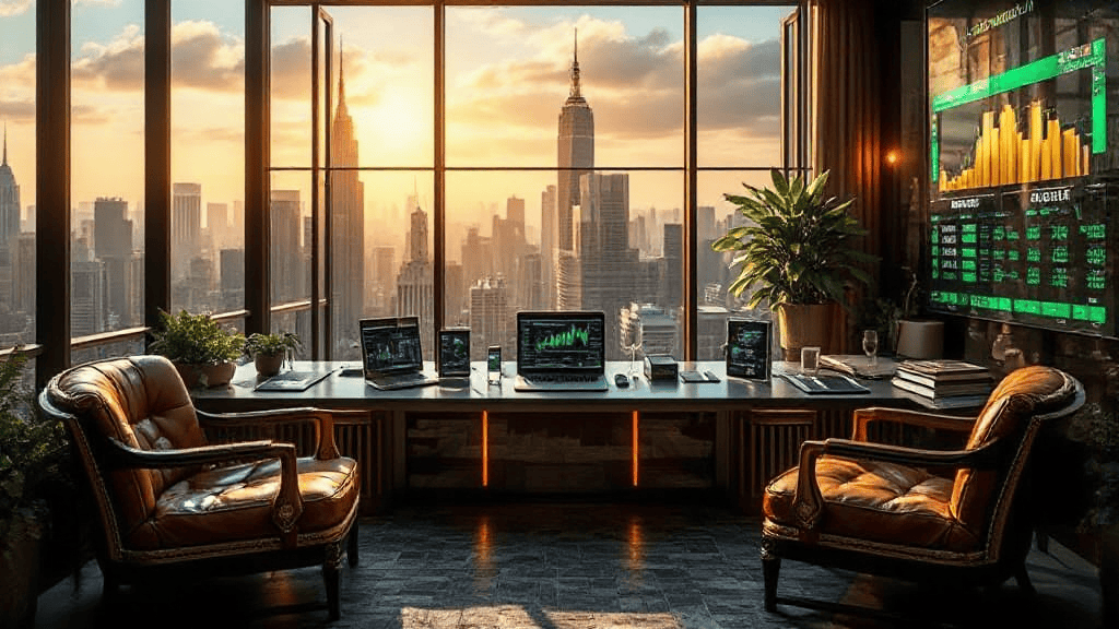 Luxurious office with a panoramic city view, featuring leather chairs, multiple screens displaying financial data, and plants. Sunlight streams through floor-to-ceiling windows.