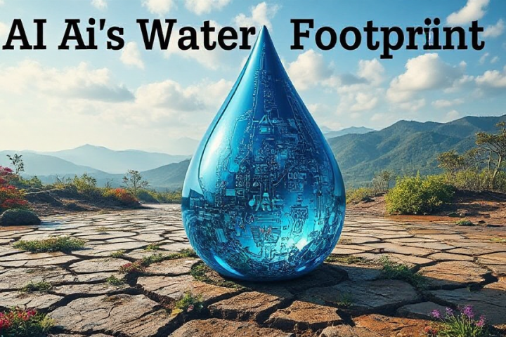A large blue water droplet with circuit patterns sits on dry, cracked ground, with mountains in the background. Text reads "AI AI's Water Footprint.