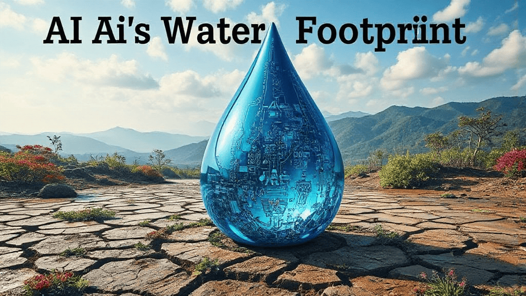A large blue water droplet with circuit patterns sits on dry, cracked ground, with mountains in the background. Text reads "AI AI's Water Footprint.