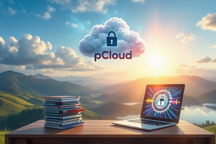 Laptop displaying a lock icon is on a wooden desk with a stack of books. The pCloud logo with a cloud and lock is above, set against a scenic mountain and lake sunrise backdrop.