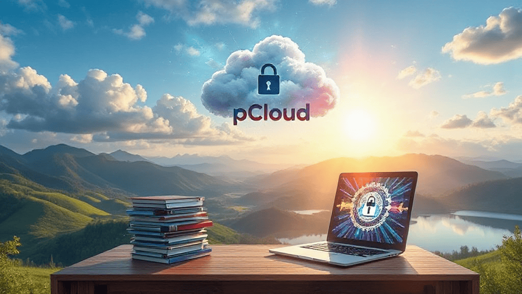 Laptop displaying a lock icon is on a wooden desk with a stack of books. The pCloud logo with a cloud and lock is above, set against a scenic mountain and lake sunrise backdrop.