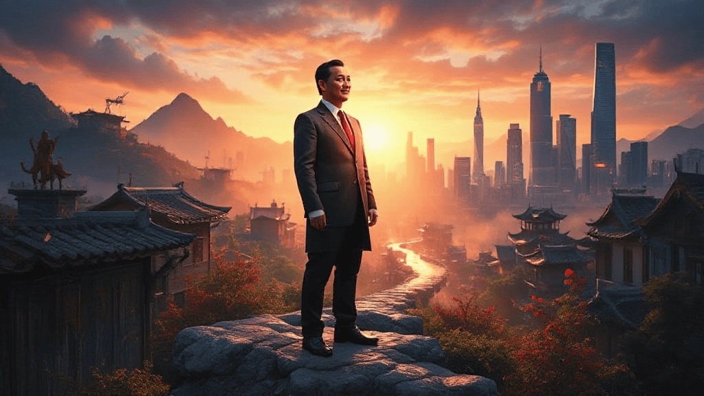 A person in a suit stands on a rock ledge overlooking a cityscape at sunset, with traditional and modern architecture, and mountains in the background.