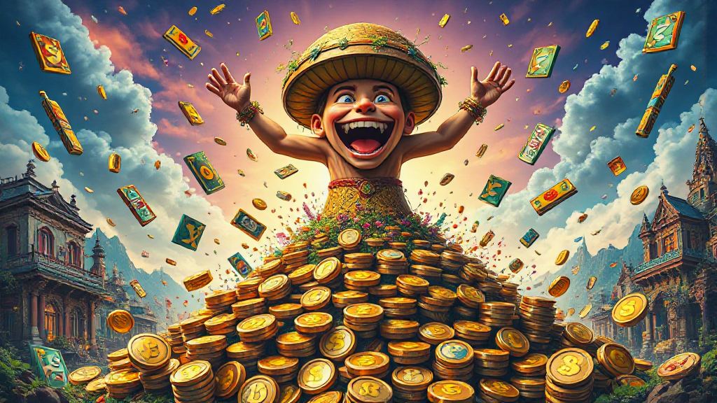 A joyful figure stands atop a large pile of gold coins, surrounded by floating currency symbols, in front of ornate buildings and a mountainous backdrop.