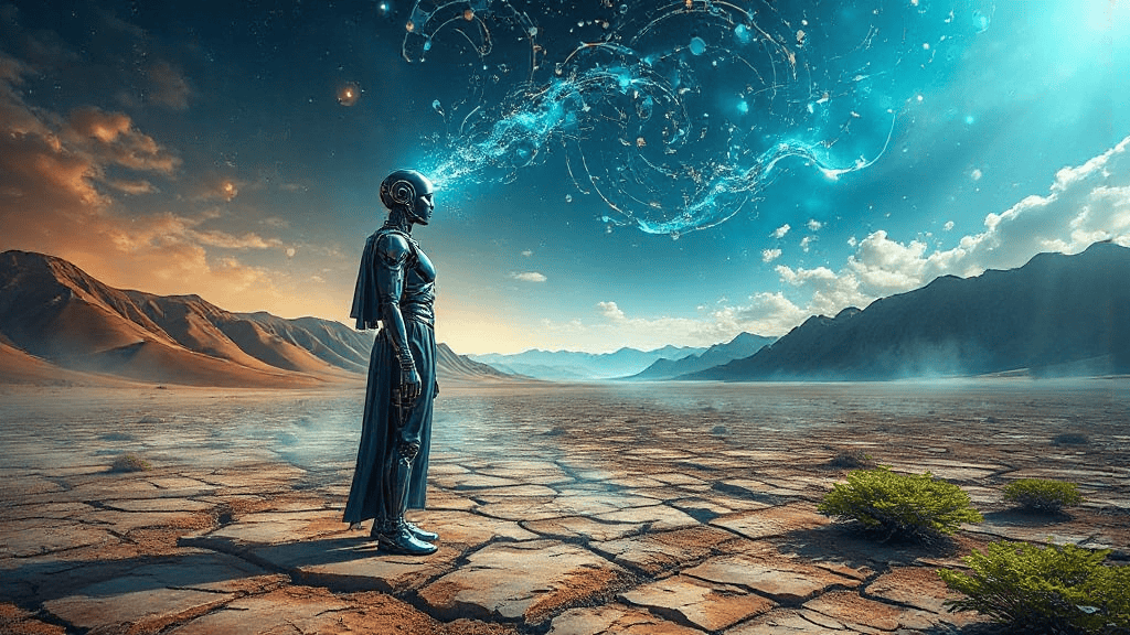 A robot stands on a cracked desert landscape, gazing at a swirling, blue cosmic vortex in the sky. Mountains are in the distance under a partly cloudy sky.