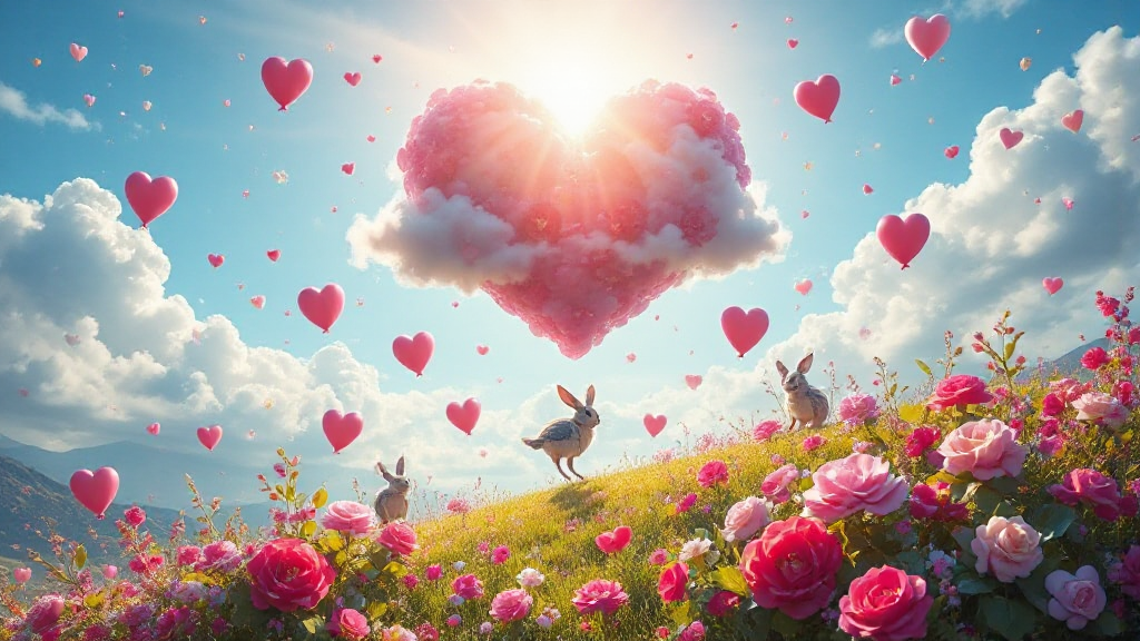 Rabbits on a flower-covered hill under a sky with heart-shaped clouds. Sunlight and smaller hearts fill the sky.