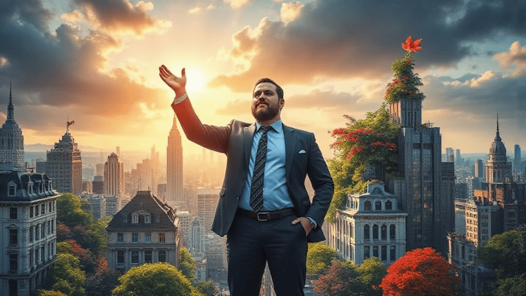 A man in a suit stands on a rooftop, gesturing towards a city skyline with green, plant-covered buildings, under a cloudy sky with the sun setting.