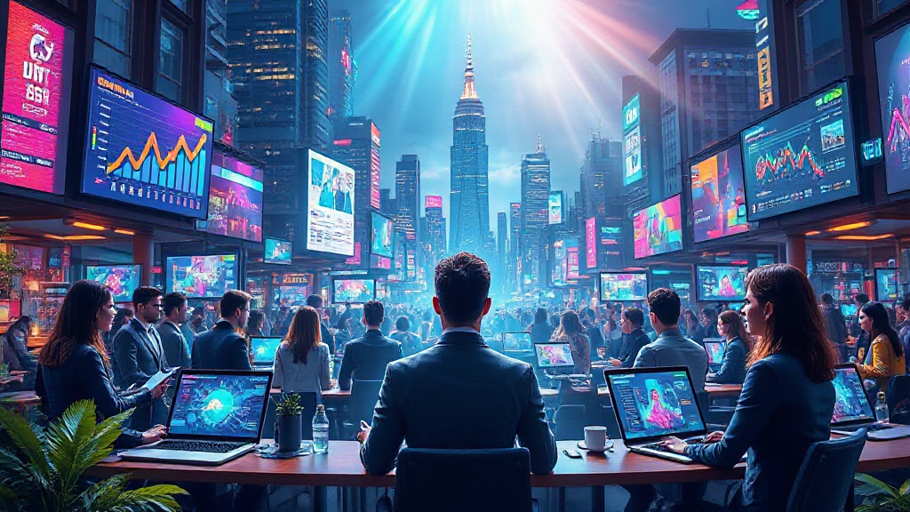 A futuristic office scene with people working at desks, surrounded by digital screens displaying graphs and data, in a cityscape with neon lights and skyscrapers.