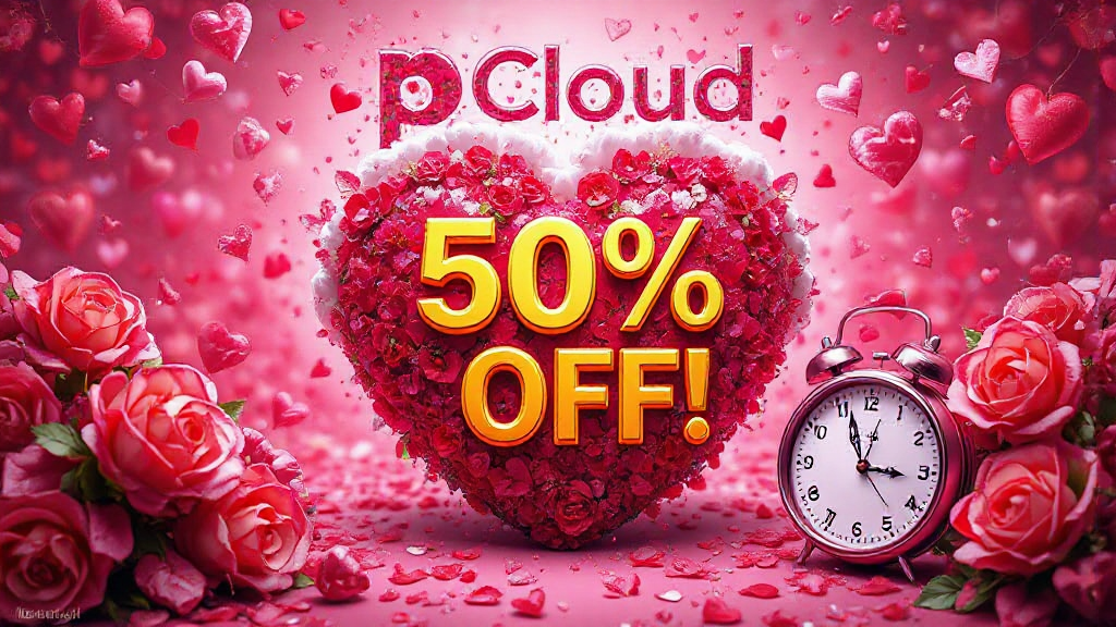 Heart-shaped roses with "pCloud 50% OFF" text, surrounded by red and pink flowers, and a pink clock on a pink background.