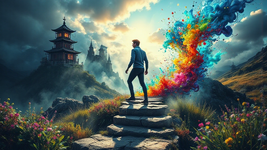 A person stands on stone steps surrounded by colorful swirling smoke, facing a distant pagoda and castle amidst a vibrant landscape.