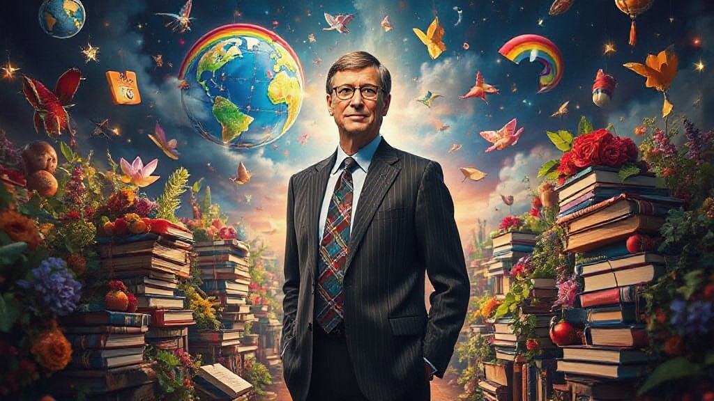 A person in a suit stands among stacks of books, surrounded by floating elements like flowers, birds, rainbows, and a globe.