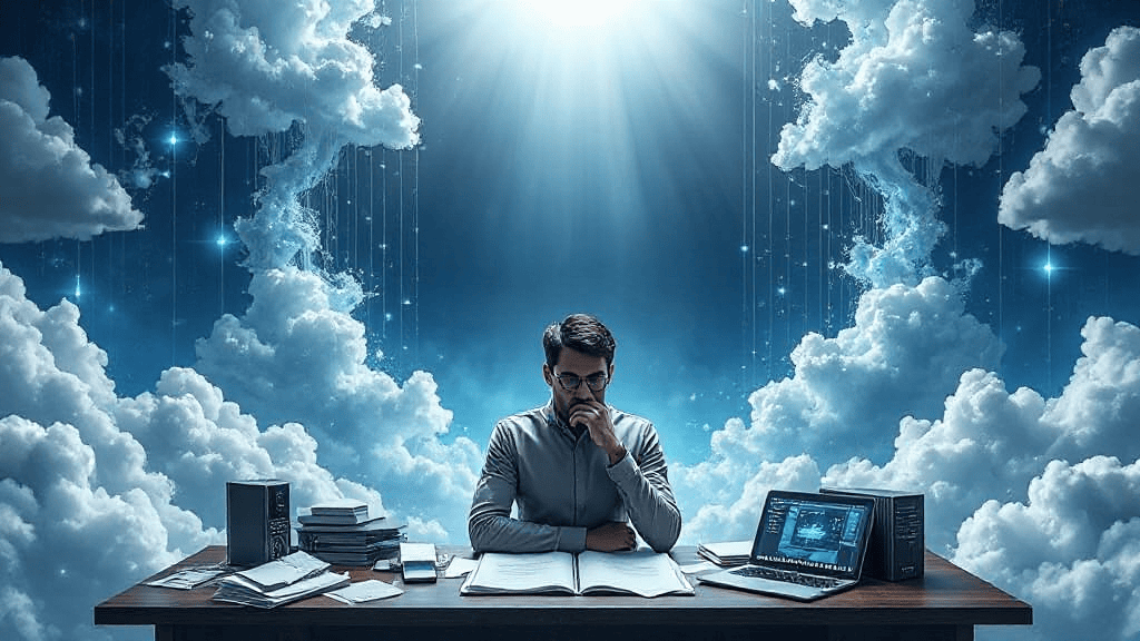 Man sitting at a desk, surrounded by clouds, with an open book and a laptop. A bright light shines from above, creating a dreamy atmosphere.