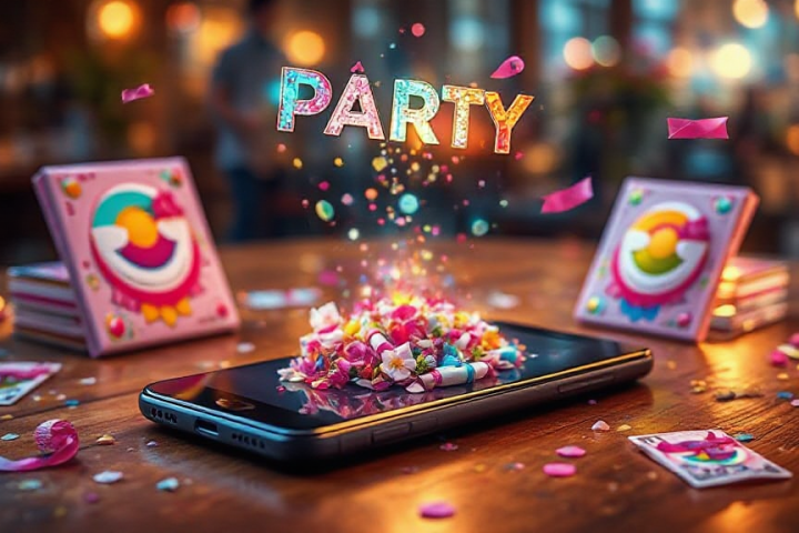 A smartphone on a table displays a burst of colorful confetti and the word "PARTY" above it, surrounded by festive decorations and cards.