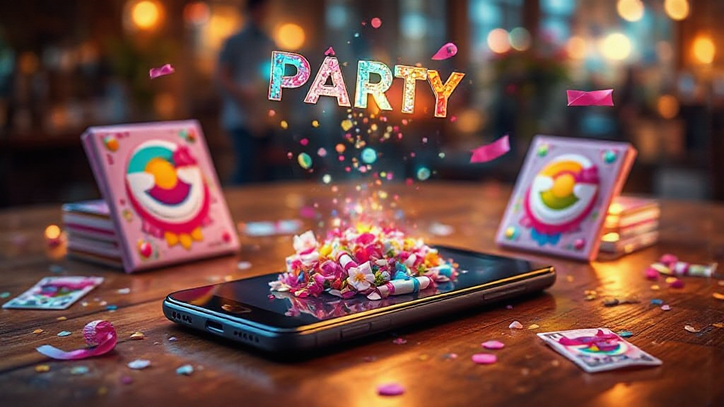 A smartphone on a table displays a burst of colorful confetti and the word "PARTY" above it, surrounded by festive decorations and cards.